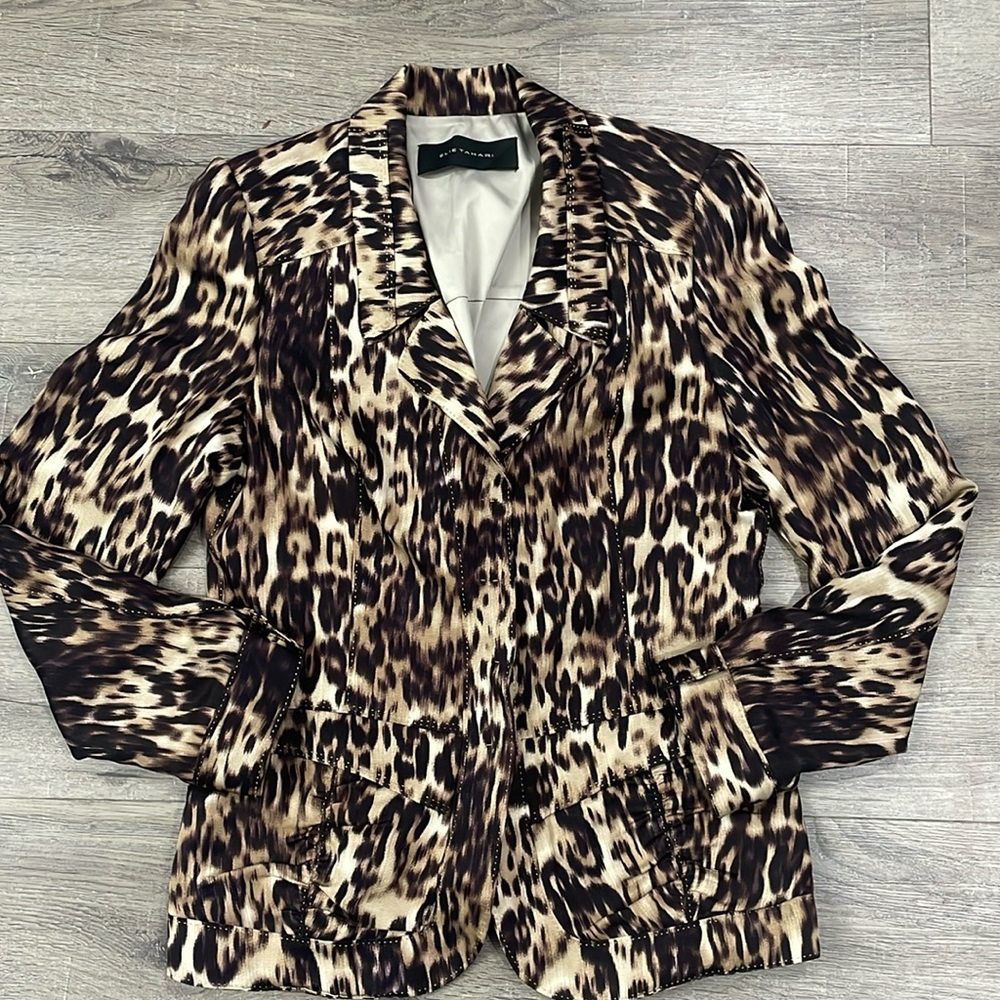 EUC Elie Tahari Silk Line Leopard Brown Blazer Jacket Size 10